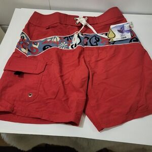 MCD Men's Board Shorts, Red‎ With Multi Color Designs Details, Size 31